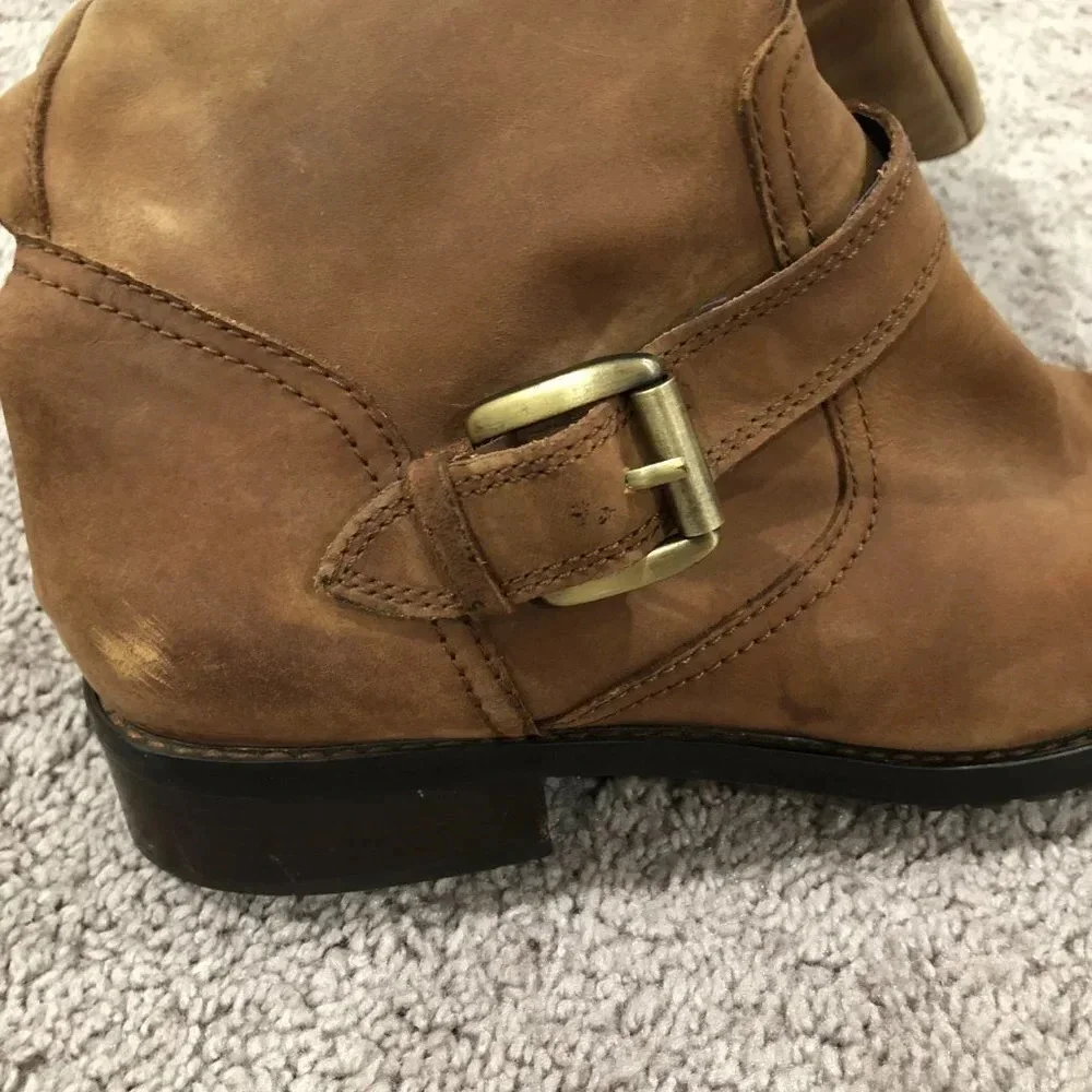Eddie Bauer Tan Nubuck Leather Tall Riding Boots with Buckle and Lug Sole